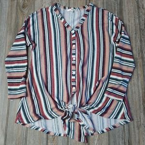 Andree Striped Soft Warm Cozy Lightweight Flowy Button Tie Detail Blouse Top
